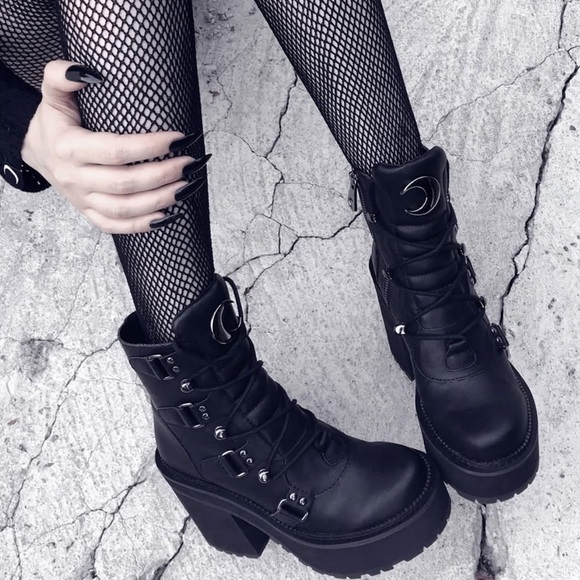 KillStar Broom Rider Black Combat style Boots with Moon Detail Womens  Sz 11 - Picture 2 of 10